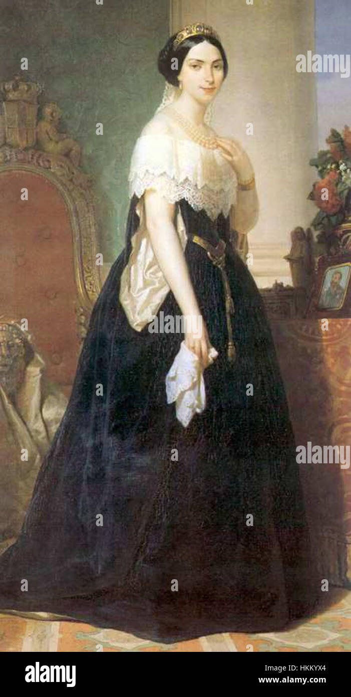 Das Gemälde zeigt Adelaide von Österreich, die Ehefrau von Victor Emmanuel II. Von Italien. Sie spiegelt ihre königlichen Züge und würdevolle Haltung wider und symbolisiert ihre Rolle in der europäischen Monarchie des 19. Jahrhunderts. Stockfoto