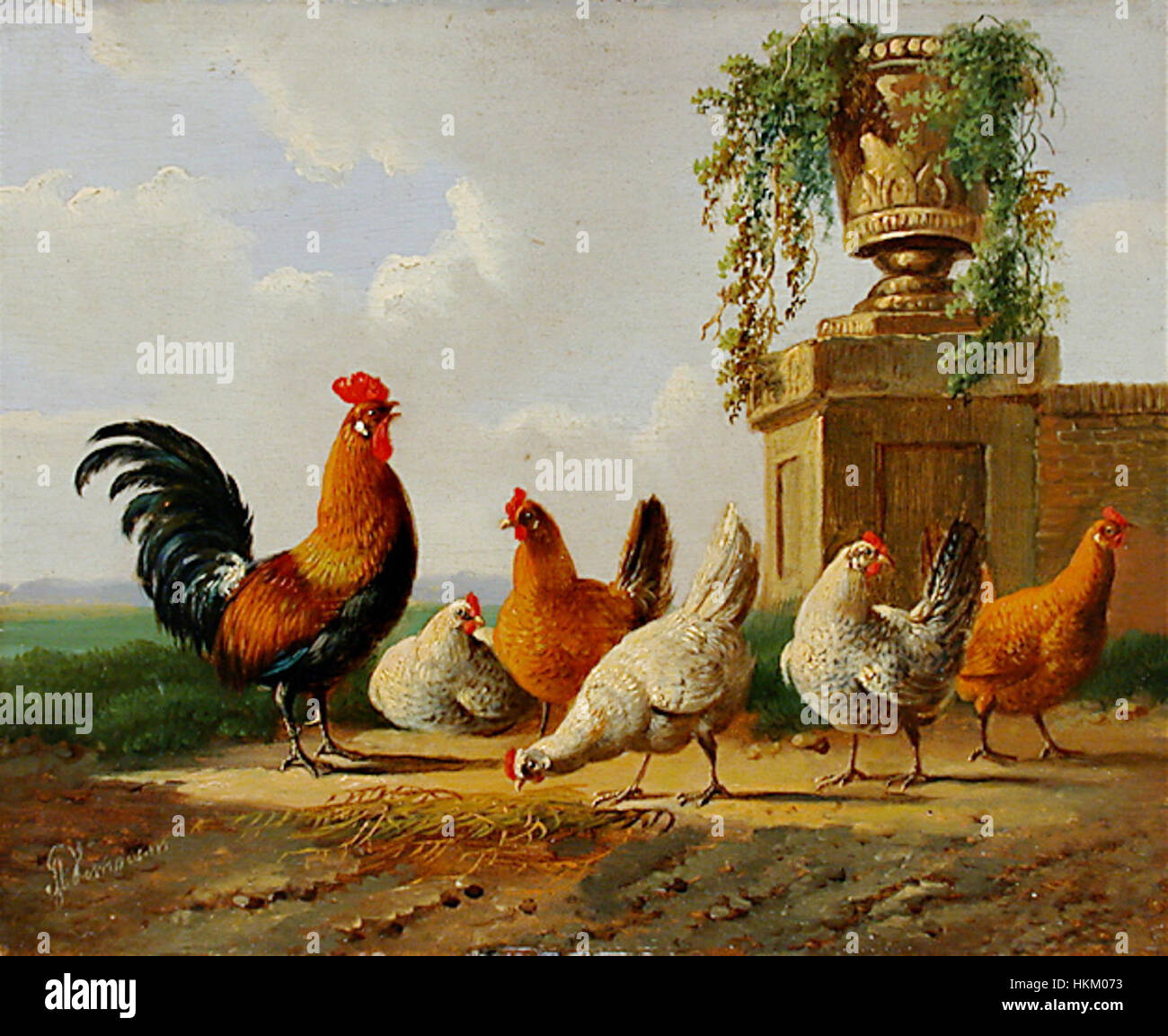 Albertus Verhoesen Hühner und Park vase Stockfoto