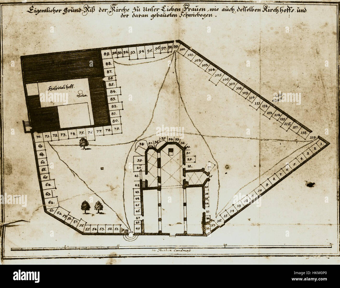 Der Grundriss der Alten Frauenkirche in Dresden von 1714 unterstreicht das architektonische Design dieser ikonischen Barockkirche. Dieses historische Dokument bietet einen Einblick in die Grundrisse der Kirche vor ihrem Wiederaufbau nach dem Zweiten Weltkrieg und zeigt die Bedeutung der Kirche in der Geschichte Dresdens. Stockfoto