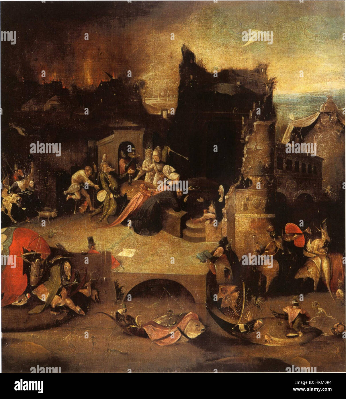 Dieses Stück mit dem Titel „nach Jheronimus Bosch 017“ ist von den ikonischen Werken des niederländischen Renaissancemalers Jheronimus Bosch inspiriert. Das Kunstwerk ist eine Reproduktion des komplizierten, fantastischen Stils von Bosch und zeigt seine eigene Darstellung religiöser und moralischer Themen. Stockfoto