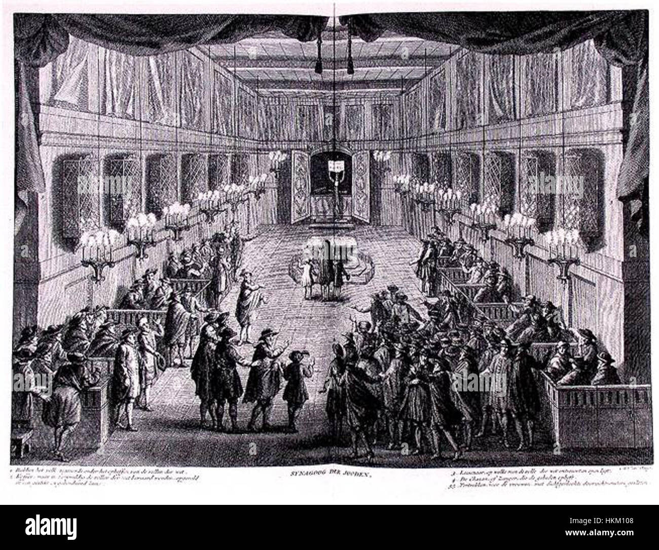 Eine Darstellung der Amsterdamer Synagoge aus dem 18. Jahrhundert, eine bedeutende architektonische und religiöse Stätte. Dieses Kunstwerk fängt die historische und kulturelle Bedeutung des Bauwerks in der niederländischen Geschichte ein. Stockfoto