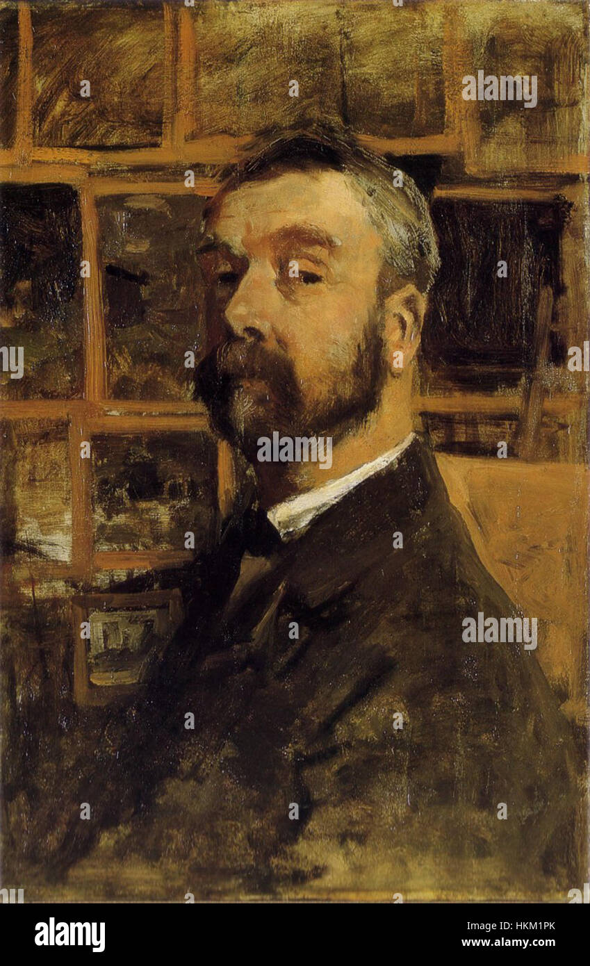 Zelfportret ist ein Ölgemälde von Anton Mauve, einem niederländischen Künstler, der für seine Darstellungen des ländlichen Lebens bekannt ist. Das Selbstporträt unterstreicht Mauves persönlichen künstlerischen Stil und seine Fokussierung auf Naturalismus. Stockfoto