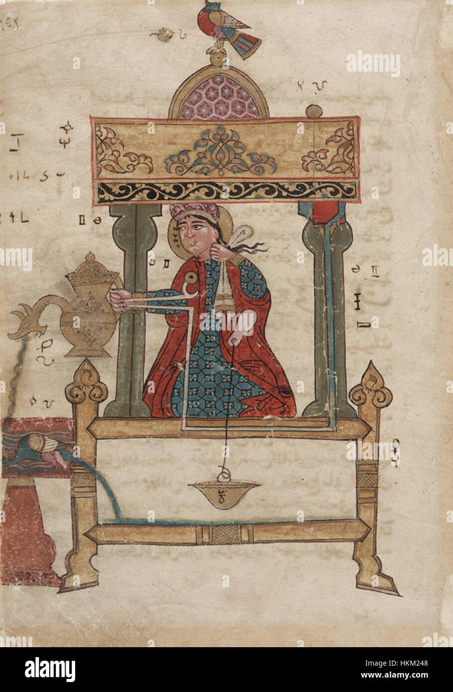 Al-Jazaris „das Becken“ ist ein historisches mechanisches Gerät aus dem Goldenen Zeitalter des Islam, das komplexe Ingenieurskunst und Kunstfertigkeit zeigt. Sie zeigt die Fortschritte in der Automatisierung und Wassertechnik im Mittelalter auf. Stockfoto