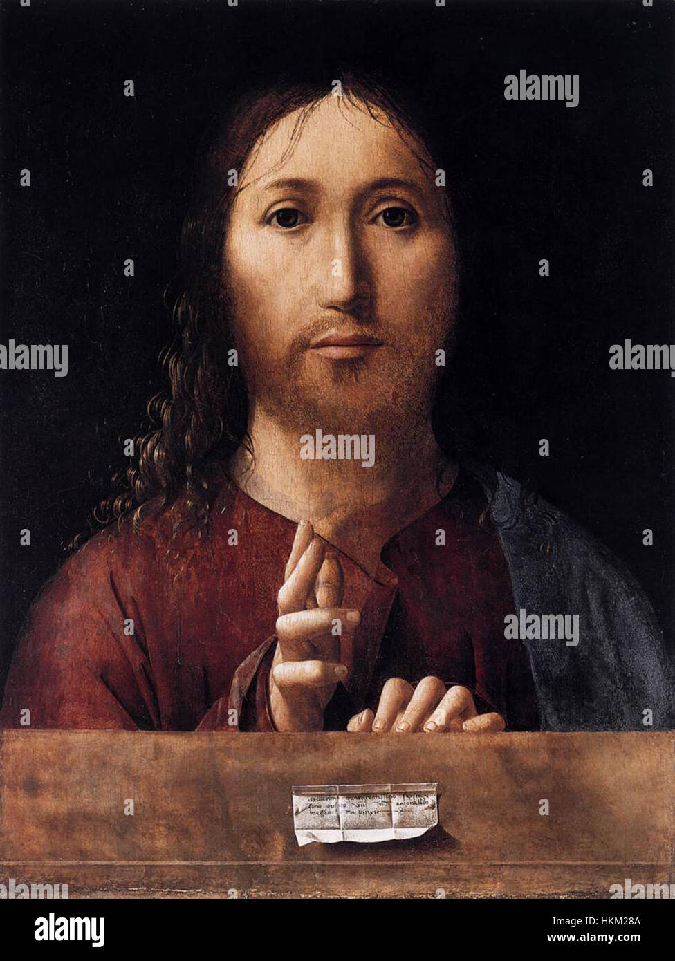 „Salvator Mundi“ von Antonello da Messina ist ein Meisterwerk der Renaissance-Porträts, das Christus als den Erlöser der Welt darstellt. Das Kunstwerk ist bekannt für seine exquisite Verwendung von Licht und Details. Stockfoto