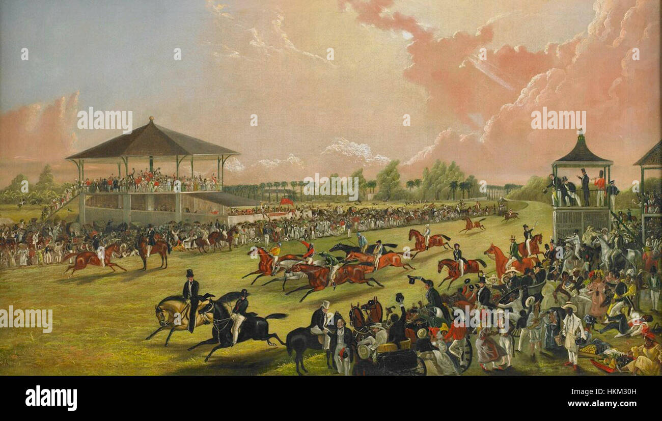 „A Race Meeting at Jacksonville, Alabama“, gemalt von W.S. Hedges, fängt eine lebendige Szene des Pferderennens Anfang des 20. Jahrhunderts ein. Das Gemälde vermittelt die Energie und Spannung der Veranstaltung, die für die amerikanische Sportkultur zu dieser Zeit charakteristisch war. Stockfoto