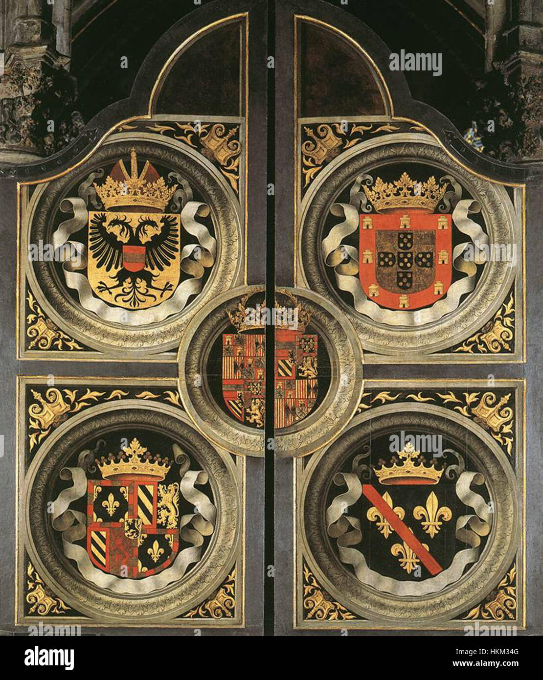 Bernard van Orleys „Altarstück des Kalvariums“ ist ein religiöses Gemälde, das die Kreuzigung Christi darstellt und die Meisterschaft des Künstlers in der religiösen Ikonographie und im Stil der frühen Renaissance zeigt. Stockfoto Bernard van Orleys „Altarstück des Kalvariums“ ist ein religiöses Gemälde, das die Kreuzigung Christi darstellt und die Meisterschaft des Künstlers in der religiösen Ikonographie und im Stil der frühen Renaissance zeigt. Stockfoto