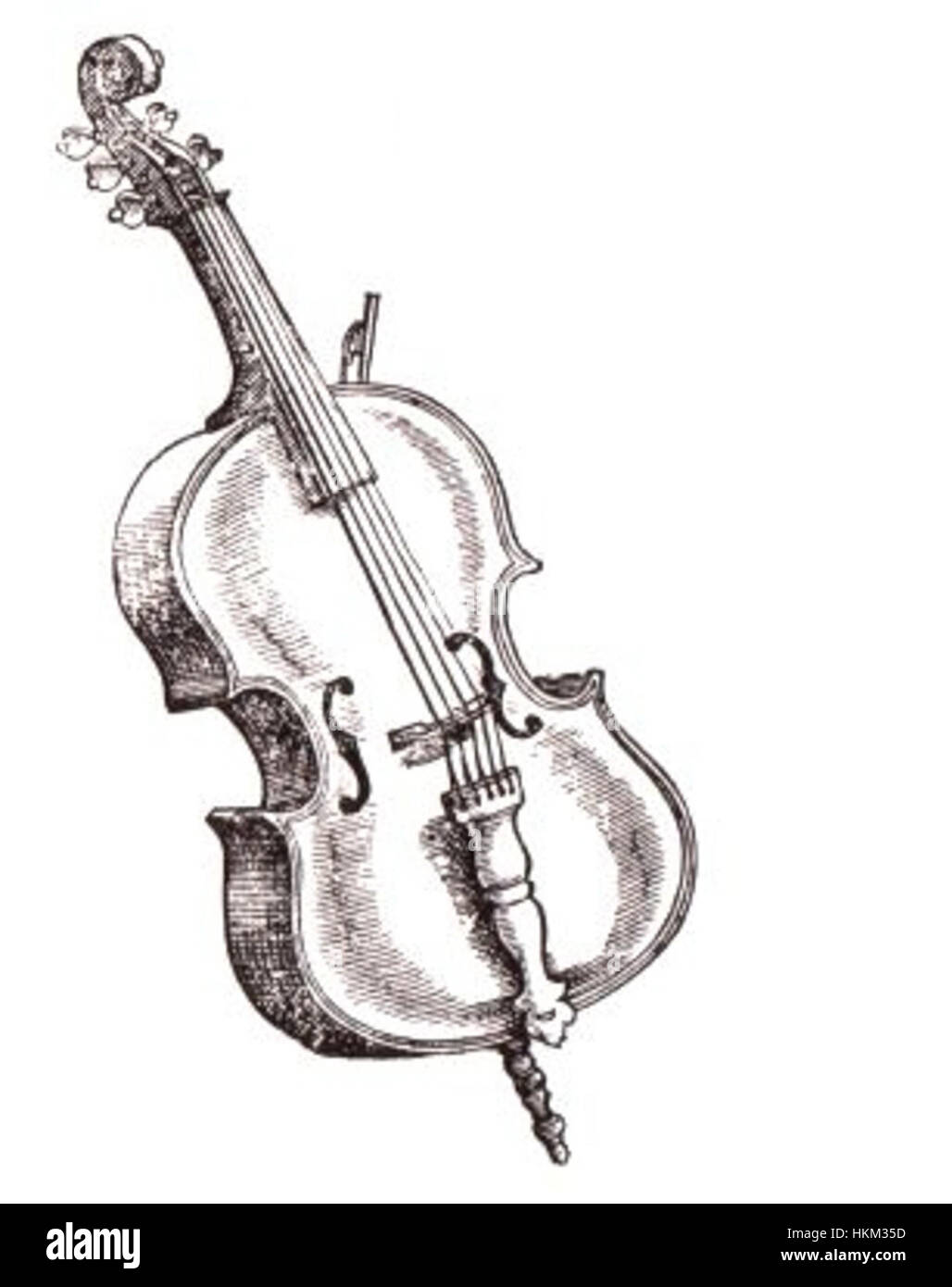 Dieses Gemälde zeigt eine Bassvioline, inspiriert von der Arbeit von Michael Praetorius, die das komplizierte Design und die Struktur des Instruments zeigt. Es spiegelt die feine Handwerkskunst historischer Musikinstrumente aus der Renaissance wider. Stockfoto