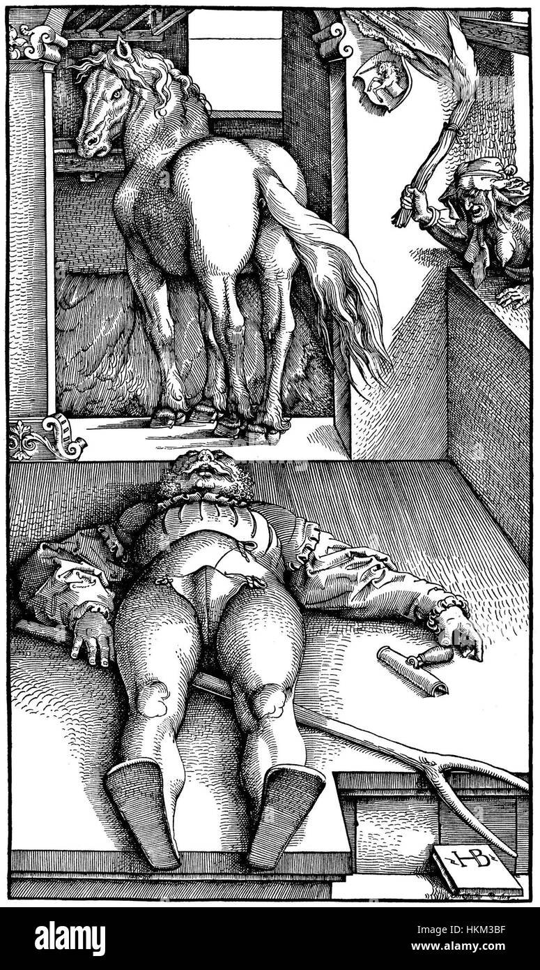 „Bewitched Stall Bräutigam“ von Hans Baldung Grien ist ein Gemälde aus dem 16. Jahrhundert, das einen Mann unter dem Zauber der Hexerei zeigt. Das Werk ist ein markantes Beispiel für Baldungs Fokus auf dunkle, übernatürliche Themen während der deutschen Renaissance. Stockfoto