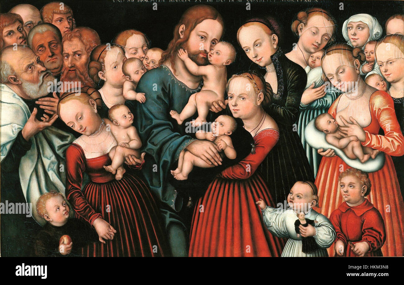 Cranach der Ältere zeigt eine zärtliche biblische Szene. Das Gemälde zeigt Christus umgeben von Kindern und hält einen friedlichen Moment göttlicher Gnade fest. Es zeigt die Expertise des Künstlers in religiöser Kunst während der Renaissance. Stockfoto