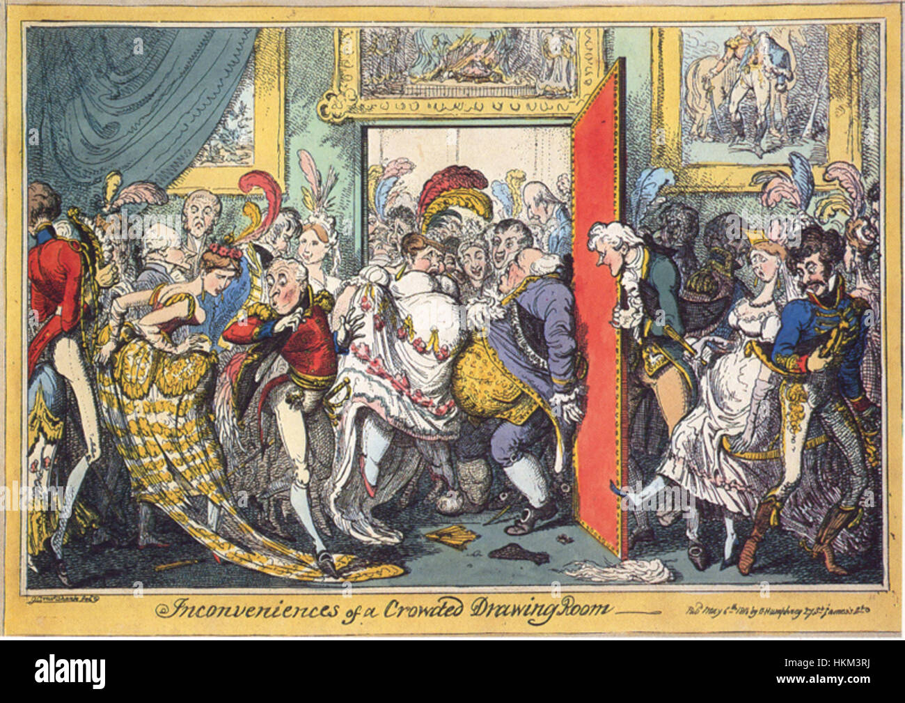 *Unannehmlichkeiten eines überfüllten Salon* von George Cruikshank beschreibt humorvoll die Unannehmlichkeiten einer überfüllten gesellschaftlichen Versammlung. Die Ätzung erfasst die satirische Natur des gesellschaftlichen Lebens im England des 19. Jahrhunderts und spiegelt die Komplexität und Spannungen der öffentlichen Interaktion während dieser Zeit wider. Stockfoto
