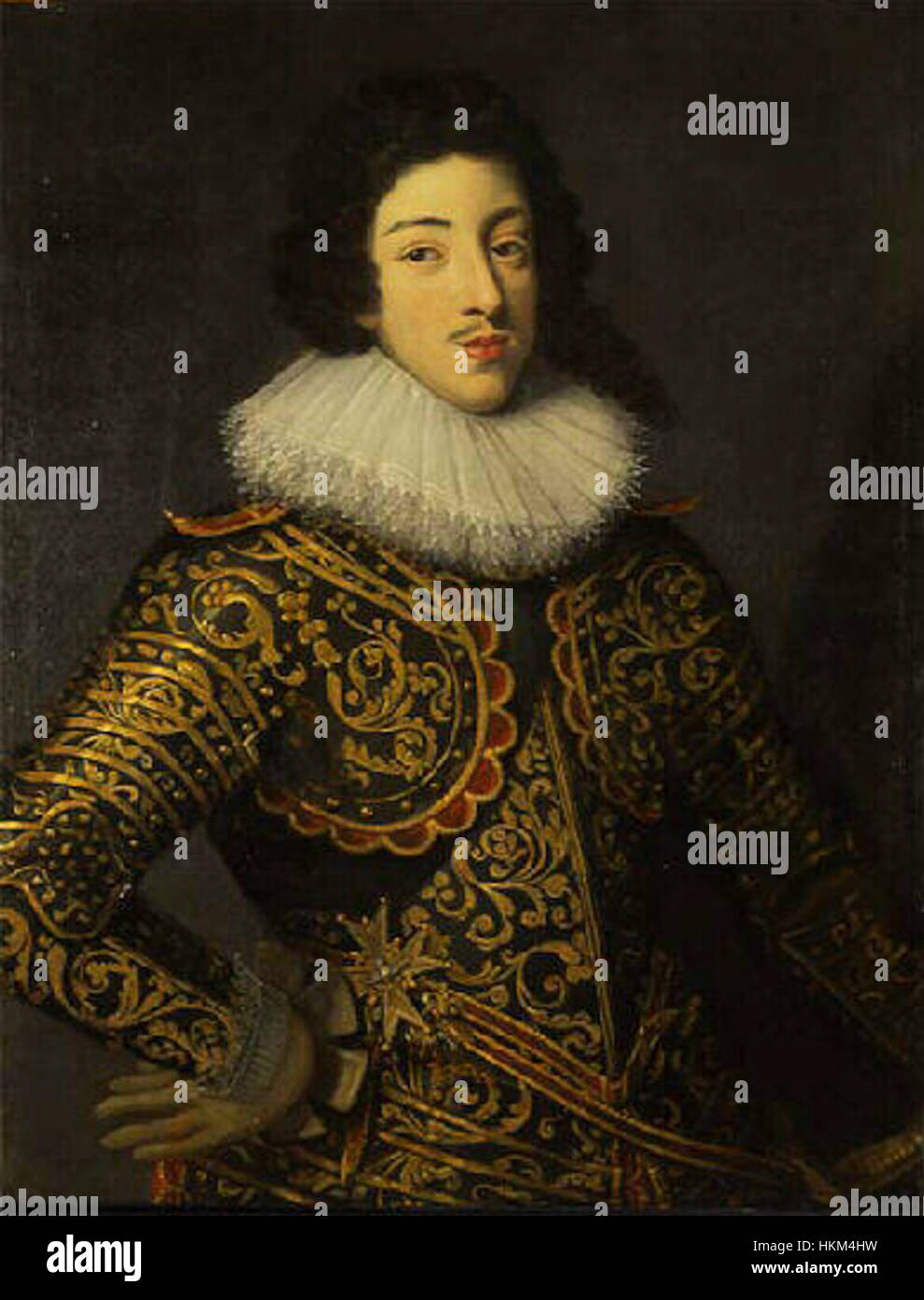 Dieses Porträt von König Ludwig XIII., gemalt von Franz II. Pourbus, ist ein Paradebeispiel der europäischen königlichen Porträts aus dem 17. Jahrhundert. Das Kunstwerk spiegelt das akribische Detail und den königlichen Symbolismus der Epoche wider. Stockfoto