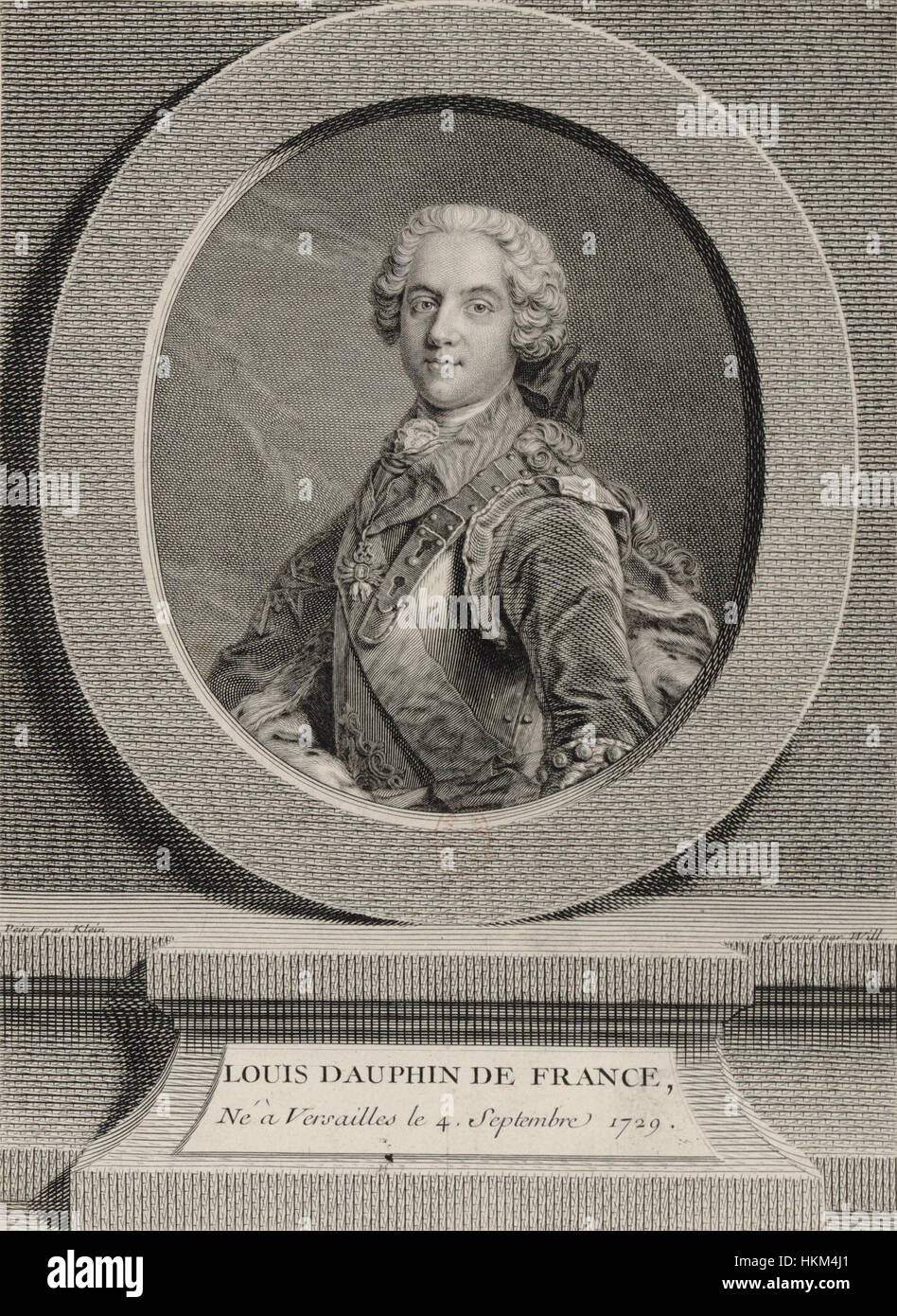 Ein Ölgemälde aus dem 18. Jahrhundert, das Louis Dauphin von Frankreich zeigt und den formalen und historischen Porträtstil der Epoche widerspiegelt. Das Kunstwerk fängt den französischen Thronfolger während seines kurzen Lebens ein. Stockfoto