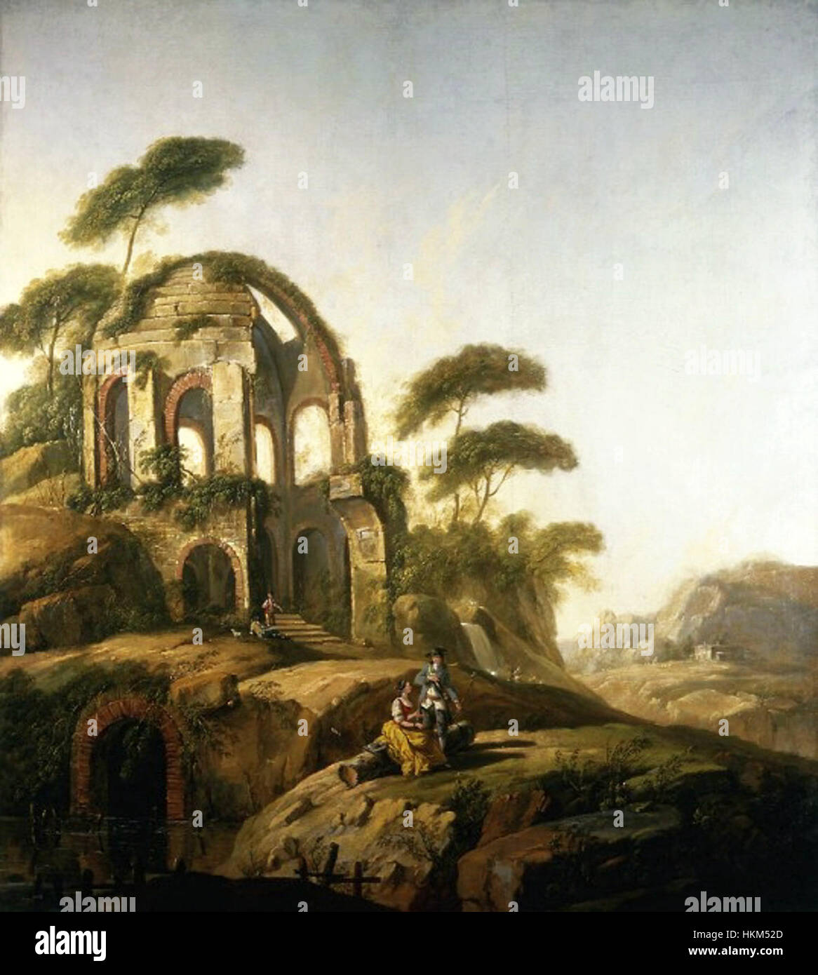 Dieses Gemälde von Pillement zeigt den Tempel der Minerva Medica, einen antiken römischen Tempel in Rom. Der Tempel, bekannt für seine charakteristische kreisförmige Form, ist eines der am besten erhaltenen Beispiele römischer Architektur. Die künstlerische Interpretation von Pillement unterstreicht die Pracht römischer Strukturen und den Einfluss klassischer Architektur auf die europäische Kunst. Stockfoto