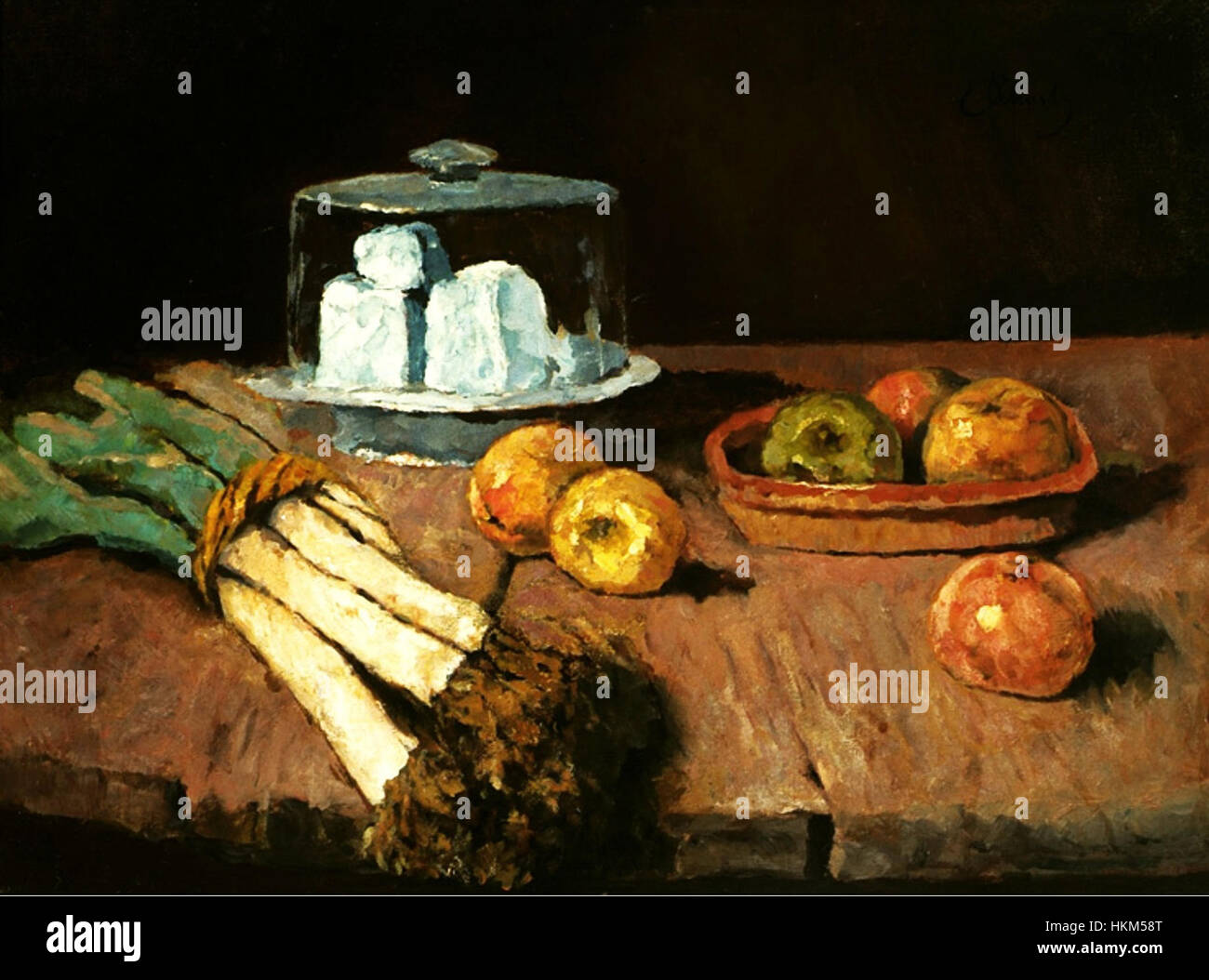 Ein Stillleben-Gemälde von Schuch, das verschiedene Objekte in kontrollierter Komposition darstellt. Das Kunstwerk erforscht Themen der Wahrnehmung, der Realität und der materiellen Kultur durch Alltagsgegenstände. Stockfoto