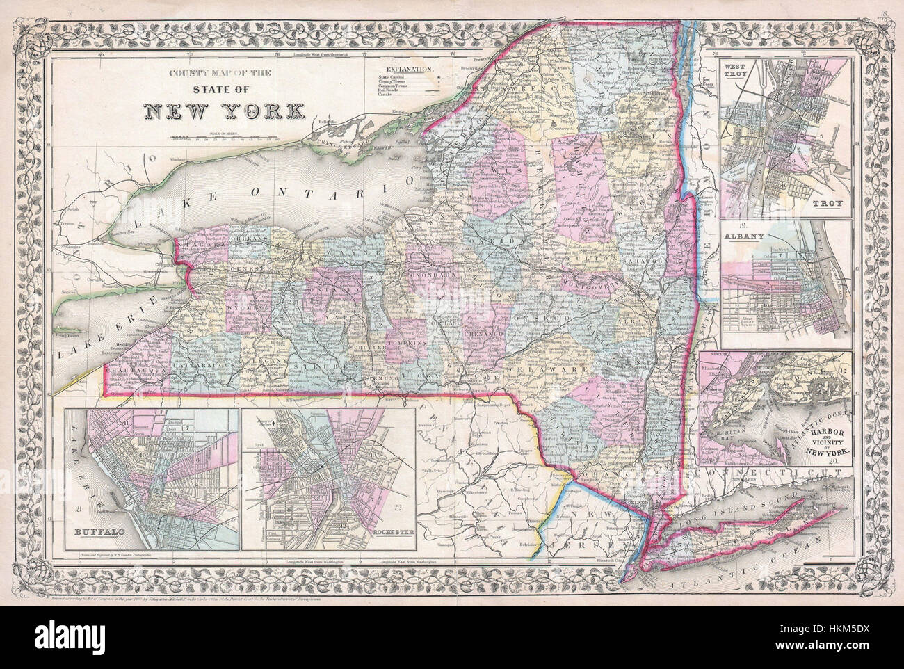 Die Mitchell-Karte von 1867 ist eine detaillierte geografische Karte aus dem 19. Jahrhundert, die Countys, Straßen, Städte und natürliche Besonderheiten zeigt. Es ist ein wichtiges historisches Dokument, das Einblicke in die Entwicklung und Infrastruktur von New York zu dieser Zeit gibt. Stockfoto