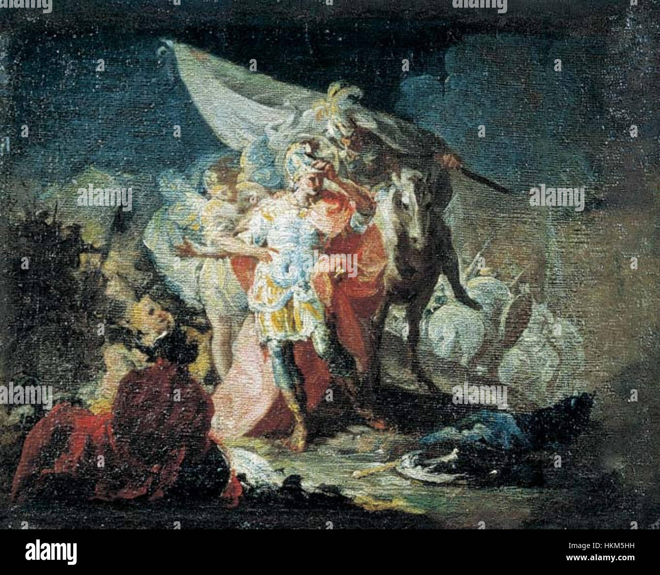 Eine Skizze, die Hannibals Sieg zeigt, während er Italien von den Alpen aus betrachtet und den historischen Moment widerspiegelt, als Hannibal während des Zweiten Punischen Krieges die Alpen überquerte. Stockfoto