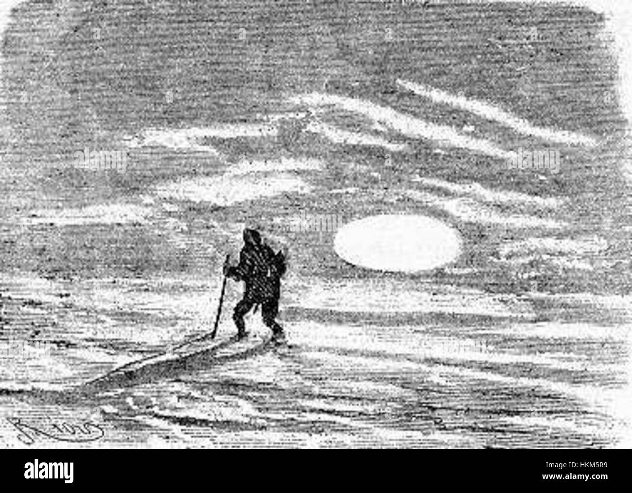 „The Field of Ice“ von Riou und Montaut ist eine künstlerische Darstellung einer eisigen Landschaft, die die rauen, aber schönen Bedingungen einer gefrorenen Umgebung einfängt. Das Stück spiegelt die detaillierte Darstellung der Natur und der Auswirkungen der Kälte auf das Gelände wider. Stockfoto