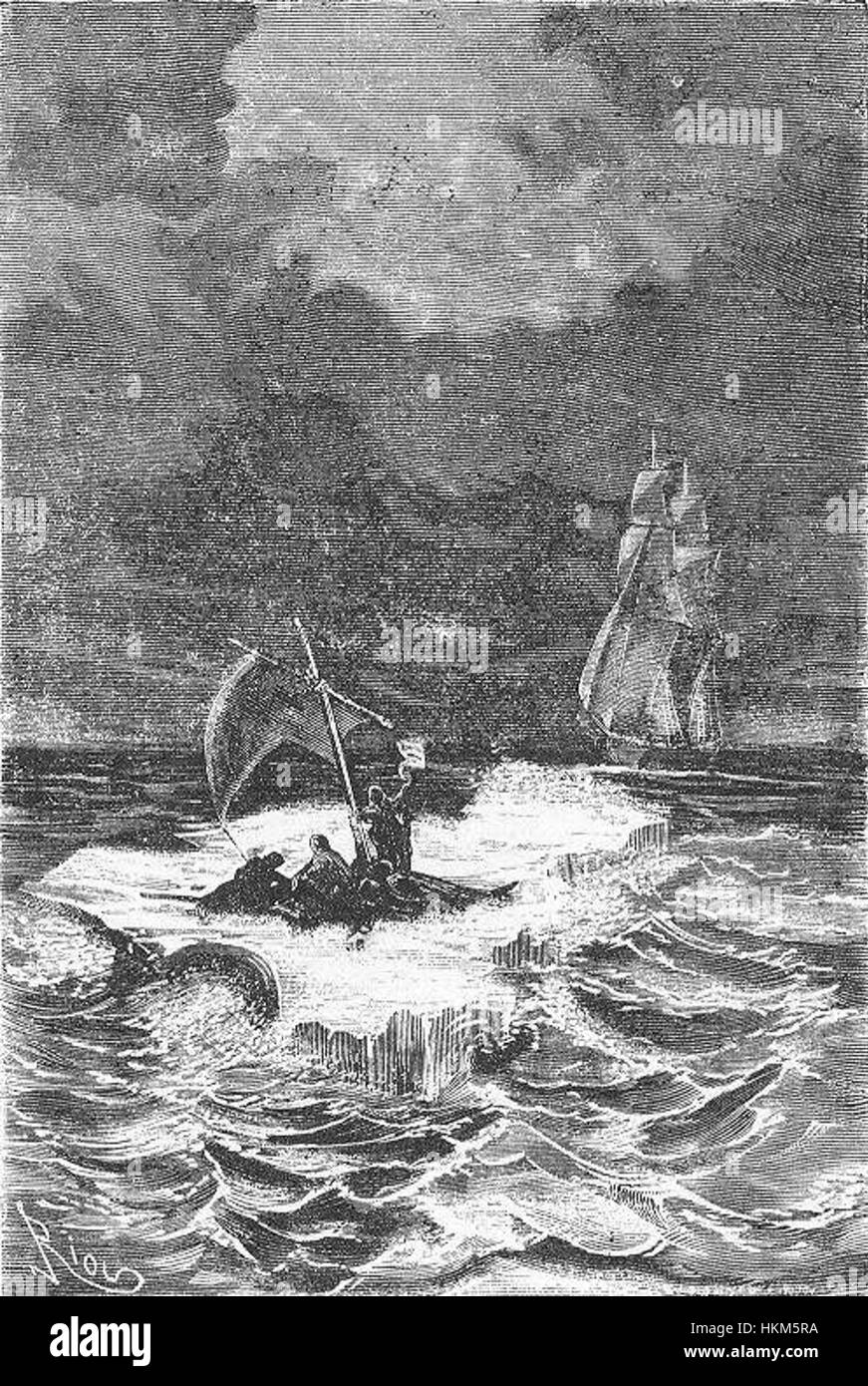 „The Field of Ice“ von Riou und Montaut zeigt eine dramatische Szene in den gefrorenen Landschaften, die möglicherweise die raue Realität eisgebundener Umgebungen widerspiegelt. Dieses Kunstwerk fängt das Wesen des Überlebens und die gewaltigen Herausforderungen in extremer Kälte ein. Stockfoto