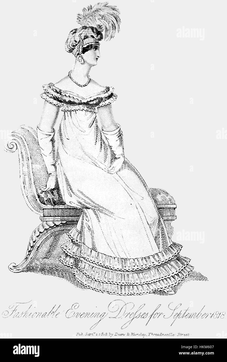 Diese Mode-Illustration aus dem Jahr 1818 zeigt eine Frau in einem stilvollen Abendkleid und zeigt die Trends der europäischen Mode des frühen 19. Jahrhunderts. Das Kleid hat elegante Details und spiegelt die für diese Zeit typische formelle Kleidung wider. Stockfoto