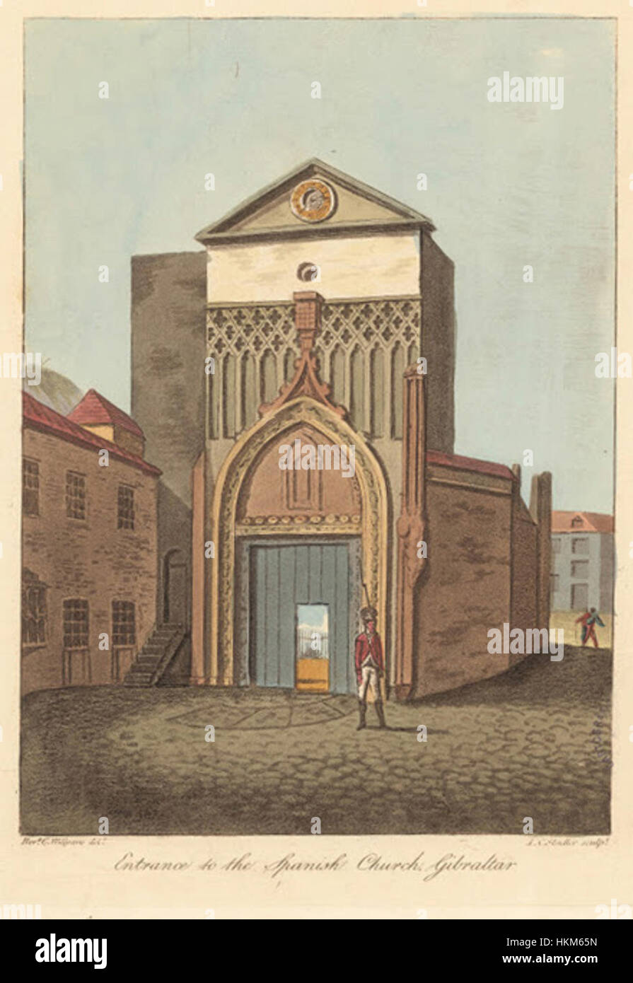 Die spanische Kirche von Cooper Willyams aus dem Jahr 1801 fängt die Pracht und architektonische Schönheit einer spanischen Kirche aus dem frühen 19. Jahrhundert ein. Das Gemälde zeigt komplizierte Details der Gebäudestruktur, wobei der Schwerpunkt auf den historischen und kulturellen Elementen dieser Zeit liegt. Dieses Kunstwerk spiegelt die genaue Beobachtung der Architektur wider und schafft eine anschauliche Darstellung des Designs und der Atmosphäre der Kirche. Stockfoto