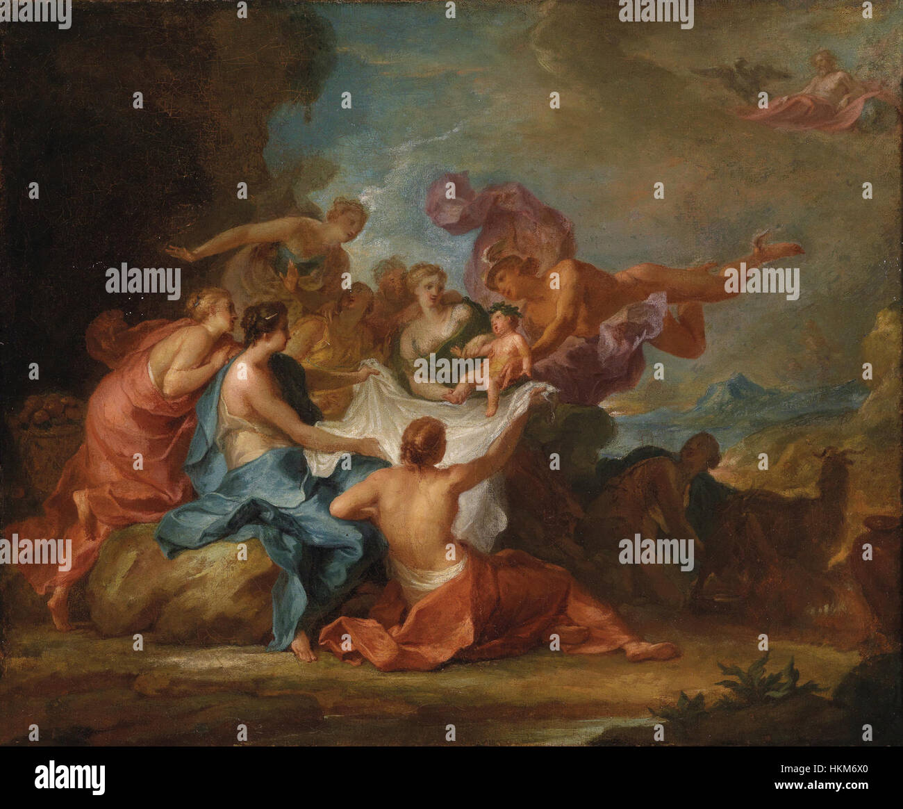 Das Gemälde „Erziehung des Jupiterknaben“, das Abraham van Diepenbeeck zugeschrieben wird, zeigt die mythologische Erziehung Jupiters als Kind. Dieses Öl auf Leinwand ist ein bedeutendes Werk innerhalb der klassischen Tradition der mythologischen Kunst. Stockfoto