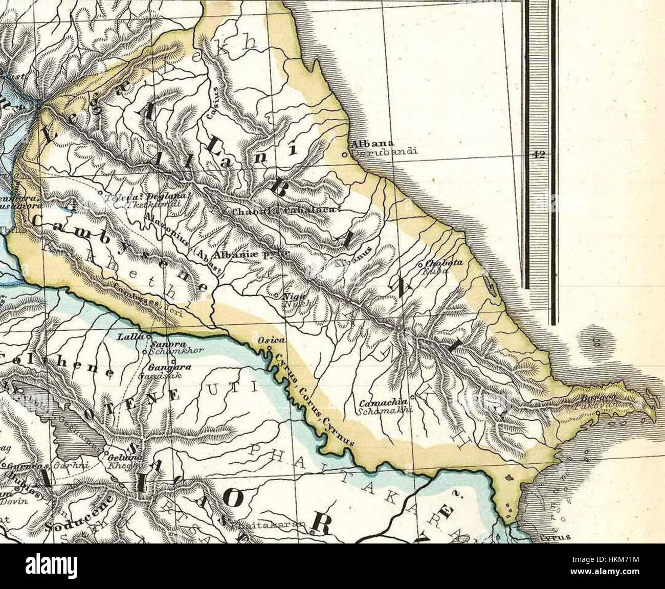 Diese Karte von Spruner aus dem Jahr 1965 zeigt die Kaukasusregion und den Irak während der Antike. Die Karte bietet detaillierte geografische Merkmale aus der Antike, wobei der Schwerpunkt auf den politischen und kulturellen Gebieten der Epoche liegt. Stockfoto