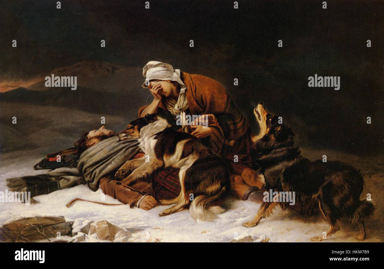 Richard Ansdells „Lost in the Storm“ ist ein dramatisches Gemälde aus dem 19. Jahrhundert, das einen Hirten darstellt, der seine Herde vor einem heftigen Schneesturm schützt. Stockfoto