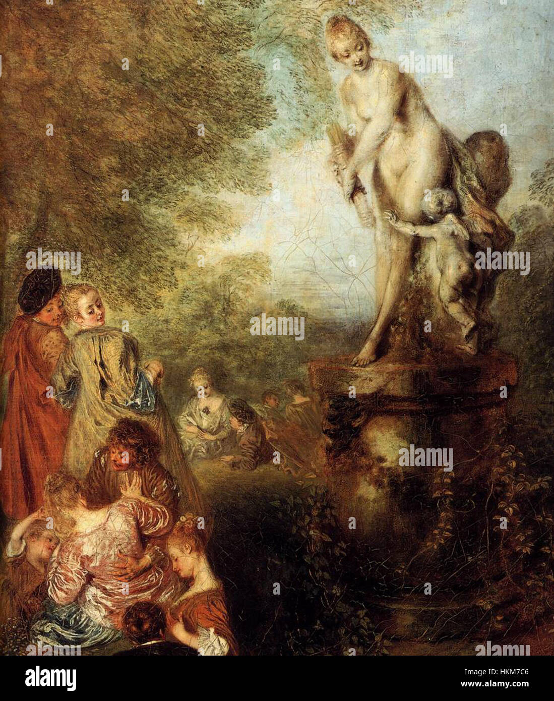 Antoine Watteaus „das Festival der Liebe“ (Detail) fängt das Wesen der französischen Rokoko-Kunst des 18. Jahrhunderts ein und zeigt elegante Figuren in einer fröhlichen Feier der Liebe und des Vergnügens. Stockfoto