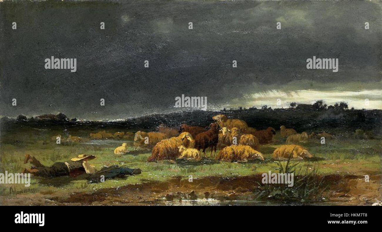 Anton Windmaiers „Hirte mit Schafherde“ zeigt einen Hirten mit einer Schafherde und fängt das friedliche ländliche Leben ein. Das Gemälde veranschaulicht den deutschen Realismus des 19. Jahrhunderts und fokussiert auf die Natur und das tägliche Leben. Stockfoto