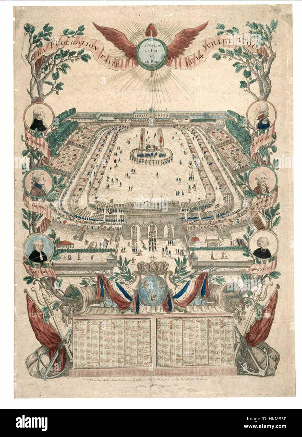 Das Gemälde mit dem Titel „14 Juillet 1790“ erinnert an die Ereignisse des 14. Juli 1790 während der Französischen Revolution. Es zeigt die Fête de la Fédération, eine nationale Feier in Frankreich, die die Einheit des französischen Volkes und die konstitutionelle Monarchie unter König Ludwig XVI. Kennzeichnet Stockfoto