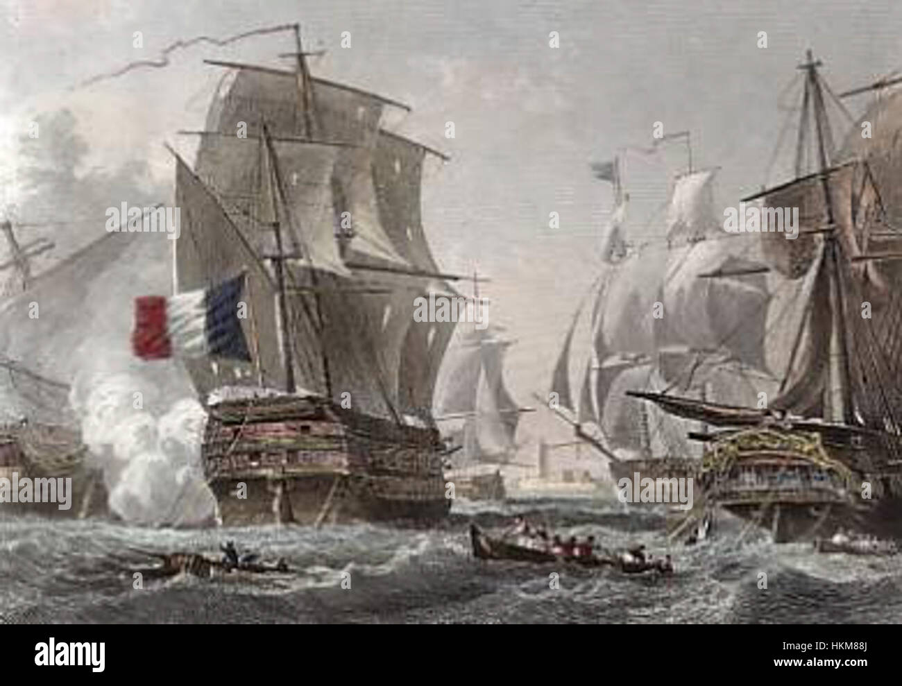 „Beau fait d'armes du capitaine Troude“ ist ein historisches Gemälde, das eine militärische Schlachtszene illustriert und die Tapferkeit und Taktik von Captain Troude in einem französischen Kontext des 18. Jahrhunderts einfängt. Stockfoto