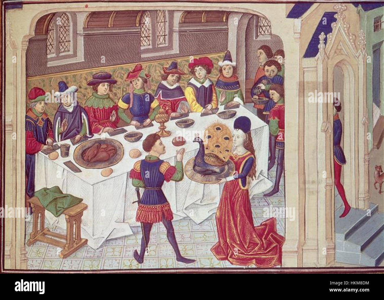 „Bankett du Paon“ ist ein französisches Gemälde aus dem 17. Jahrhundert, das ein üppiges fest mit Pfauen und Gästen zeigt. Der Künstler fängt opulente barocke Ästhetik ein und verbindet Luxus und detaillierte Tierdarstellungen in der Pracht des aristokratischen Lebens dieser Zeit. Stockfoto