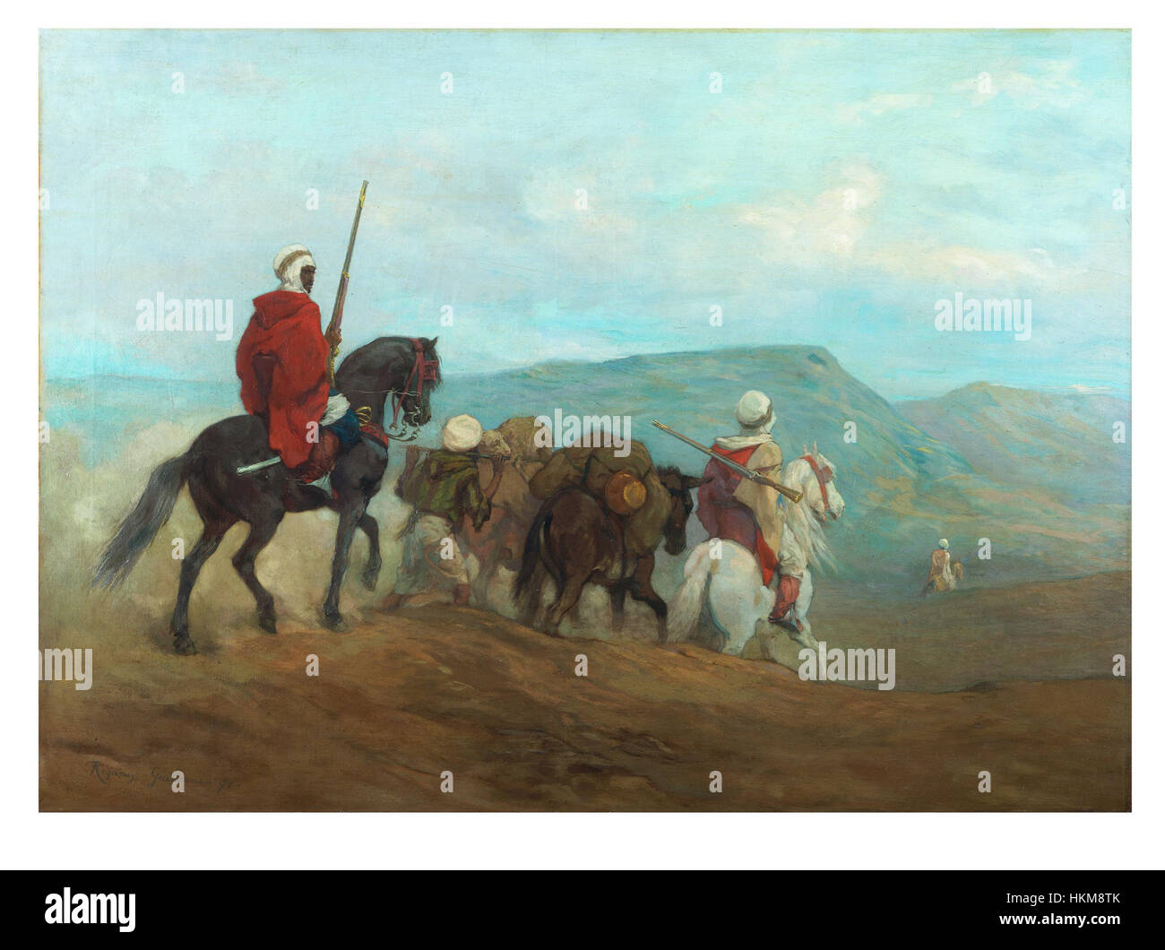 Dieses Gemälde zeigt arabische Pferdesoldaten, auch bekannt als Spahis, die während der Kolonialzeit Teil der nordafrikanischen Kavallerie waren. Das Kunstwerk zeigt ihre unverwechselbaren Uniformen und dynamischen Bewegungen, die die Militärgeschichte und Traditionen der Zeit einfangen. Stockfoto