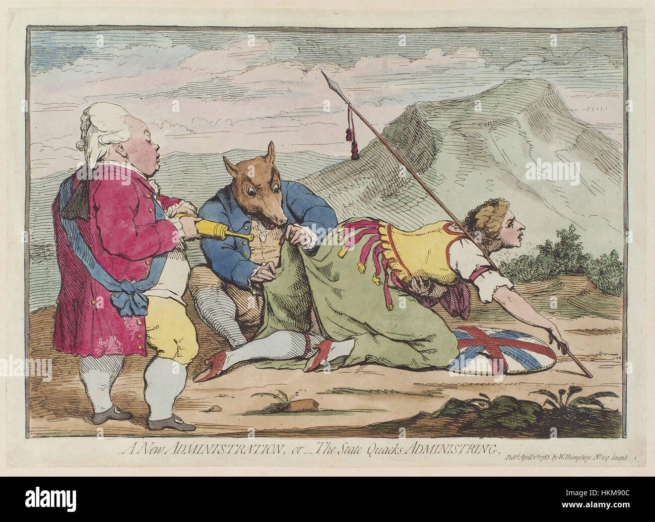 Diese politische Satire von James Gillray aus dem 18. Jahrhundert stellt die politischen Persönlichkeiten Frederick North und Charles James Fox humorvoll dar, indem sie sie als „Staatsquaken“ darstellen. Der Druck spiegelt die politischen Spannungen der Zeit wider. Stockfoto