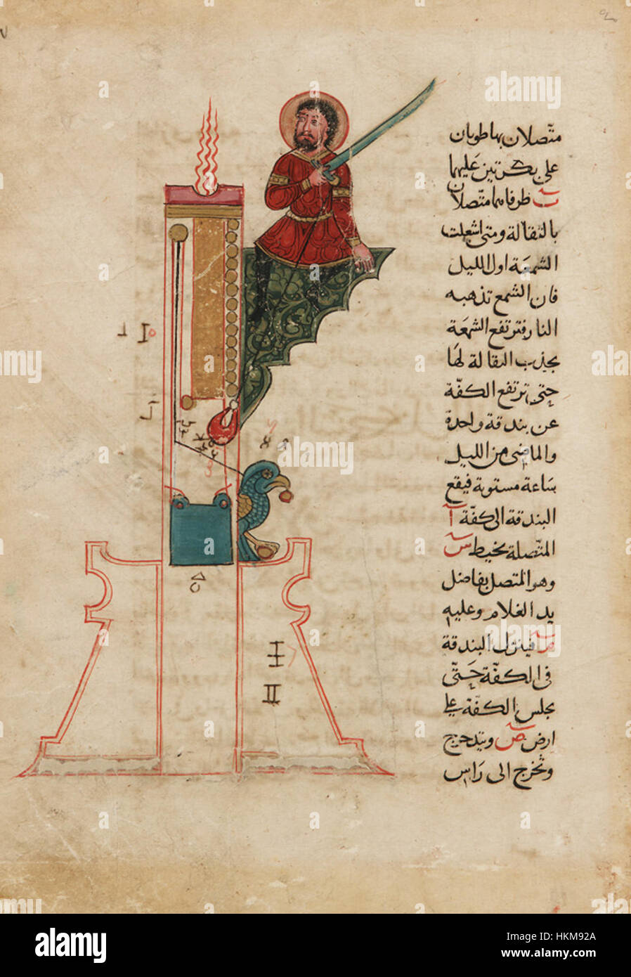 Dieses Kunstwerk zeigt Al-Jazaris innovative Kerzenuhr, eine mechanische Uhr aus dem 13. Jahrhundert. Al-Jazari, ein Erfinder und Ingenieur, ist bekannt für seine Beiträge zu Automaten und mechanischen Geräten. Stockfoto