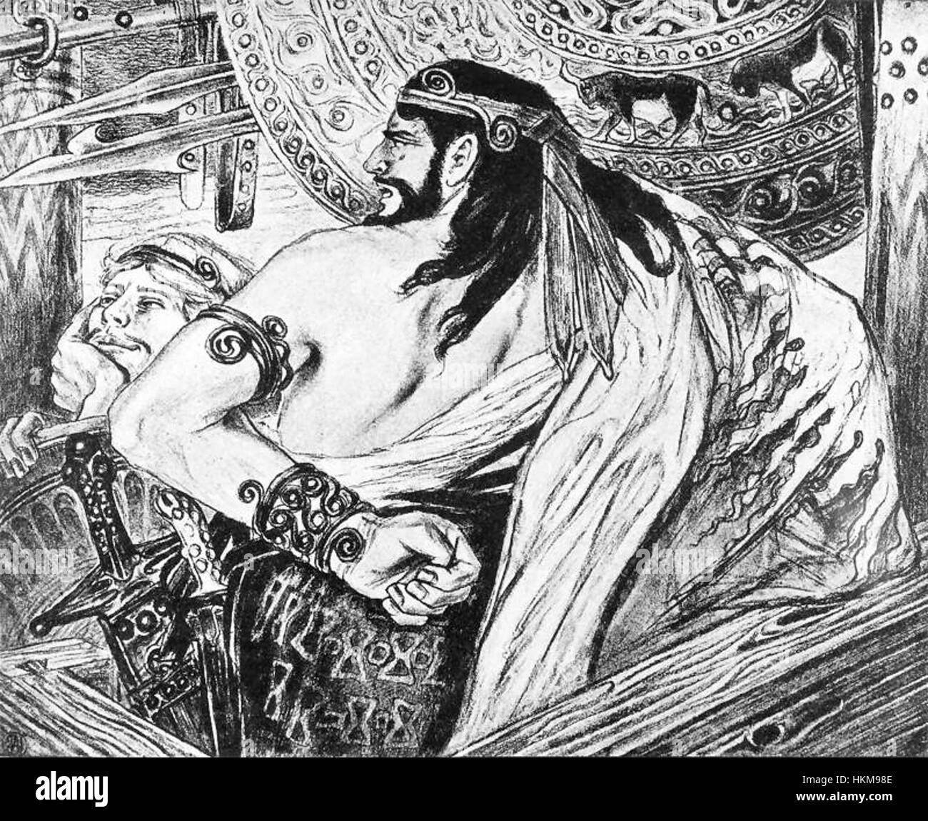 Dieses Gemälde zeigt Agamemnon, Achilles und Menelaus und zeigt eine Szene aus der griechischen Mythologie. Es fängt die drei legendären Figuren in einem Moment der Interaktion ein und betont ihre heldenhafte Rolle während des Trojanischen Krieges. Stockfoto