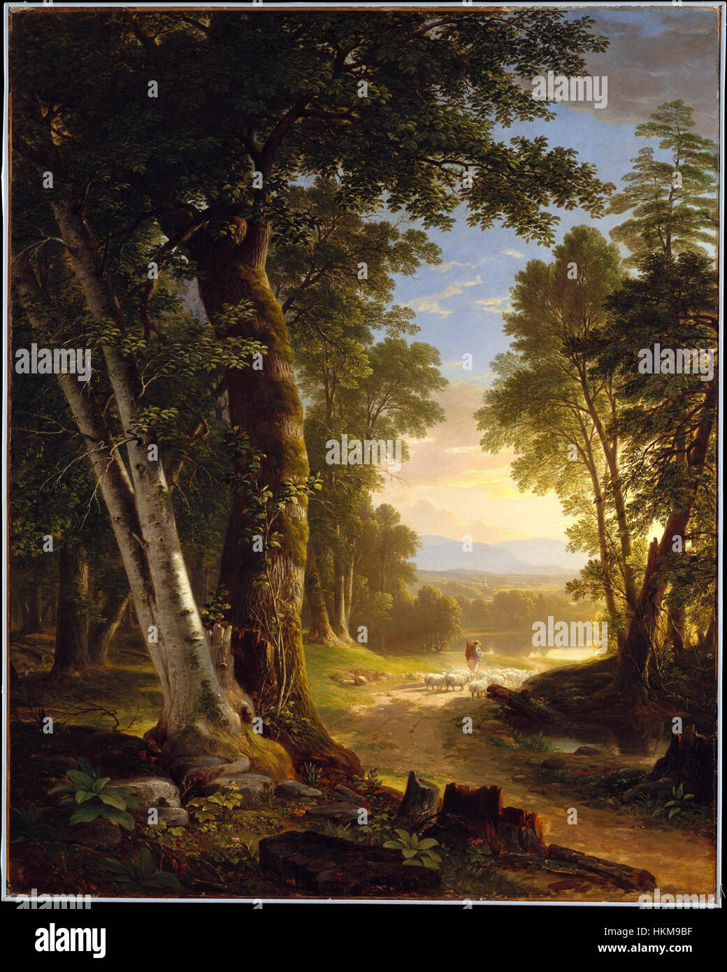 „The Beeches“ von Asher Durand zeigt eine friedliche Landschaft, die die Schönheit der natürlichen Umgebung unterstreicht. Dieses Ölgemälde fängt die detaillierten Strukturen der Bäume und der Umgebung ein, typisch für Durands detaillierten und realistischen Stil. Stockfoto
