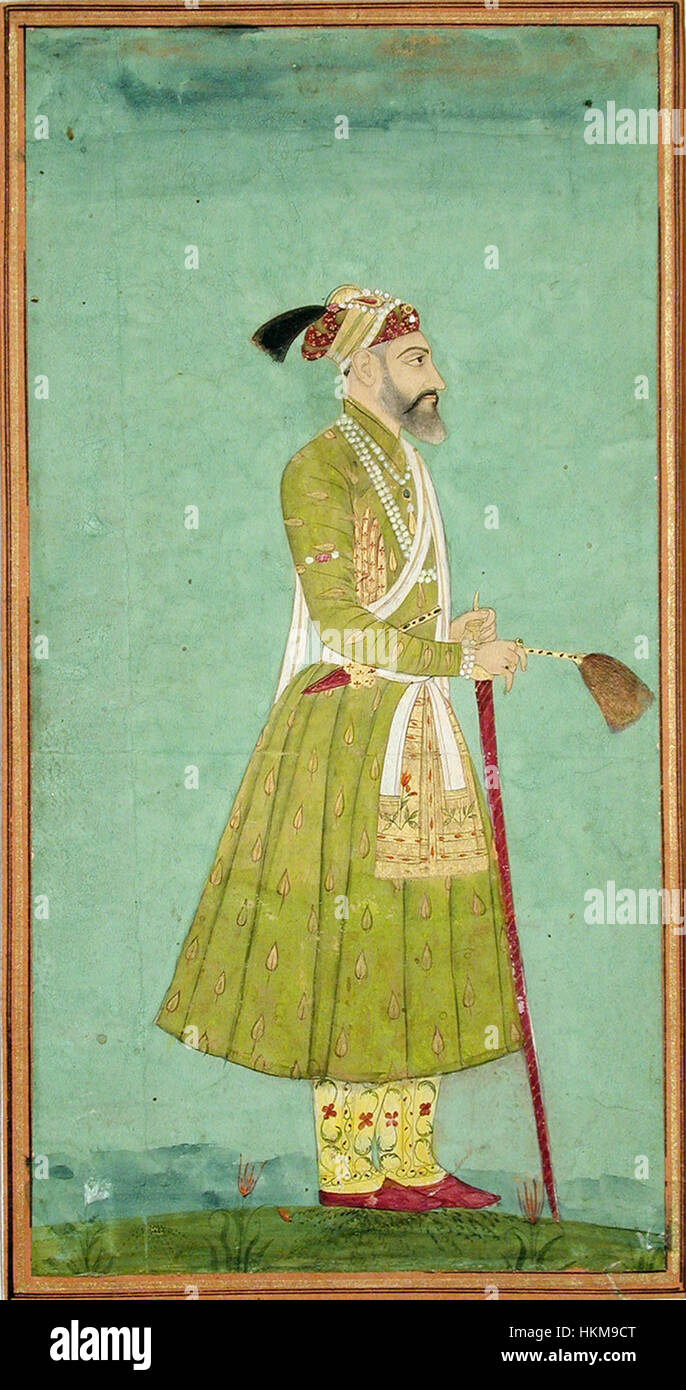 Dieses Kunstwerk zeigt Aurangzeb, den sechsten Mogul-Kaiser von Indien, der einen Schneebesen hält. Das Bild zeigt seine königliche Haltung und traditionelle Kleidung, die seine Rolle im Mogulreich im 17. Jahrhundert verkörpert. Stockfoto