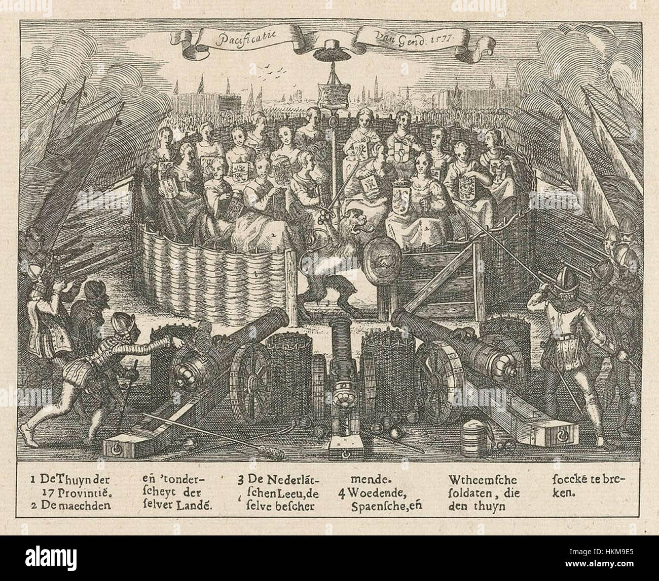 „Allegorie Pacificatie van Gent“ ist ein historisches Gemälde, das den 1576 zwischen den rebellischen Städten der Niederlande und der spanischen Krone unterzeichneten friedensvertrag darstellt. Das Gemälde zeigt auf allegorische Weise den Versöhnungs- und Friedensprozess und betont die Themen Einheit und Kompromiss bei der Lösung politischer Konflikte. Stockfoto