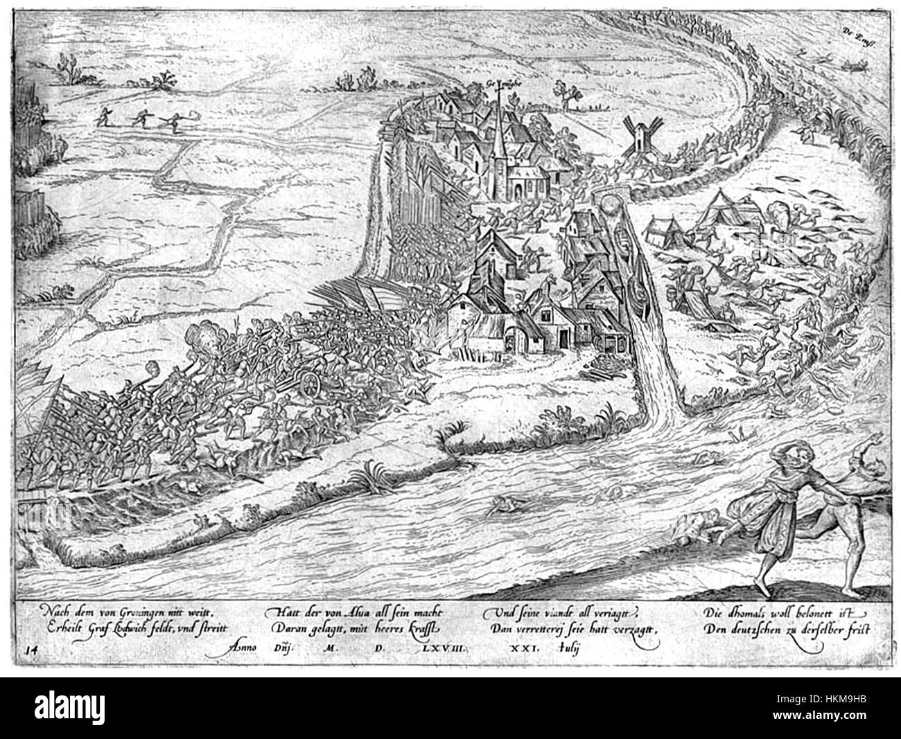 Die „Schlacht von Jemmingen“ zeigt eine bedeutende Schlacht von 1568 während des Achtzigjährigen Krieges und veranschaulicht den Konflikt zwischen den spanischen und niederländischen Truppen. Das von Frans Hogenberg retuschierte Stück fängt die intensive Aktion und militärische Strategie der Epoche ein. Stockfoto