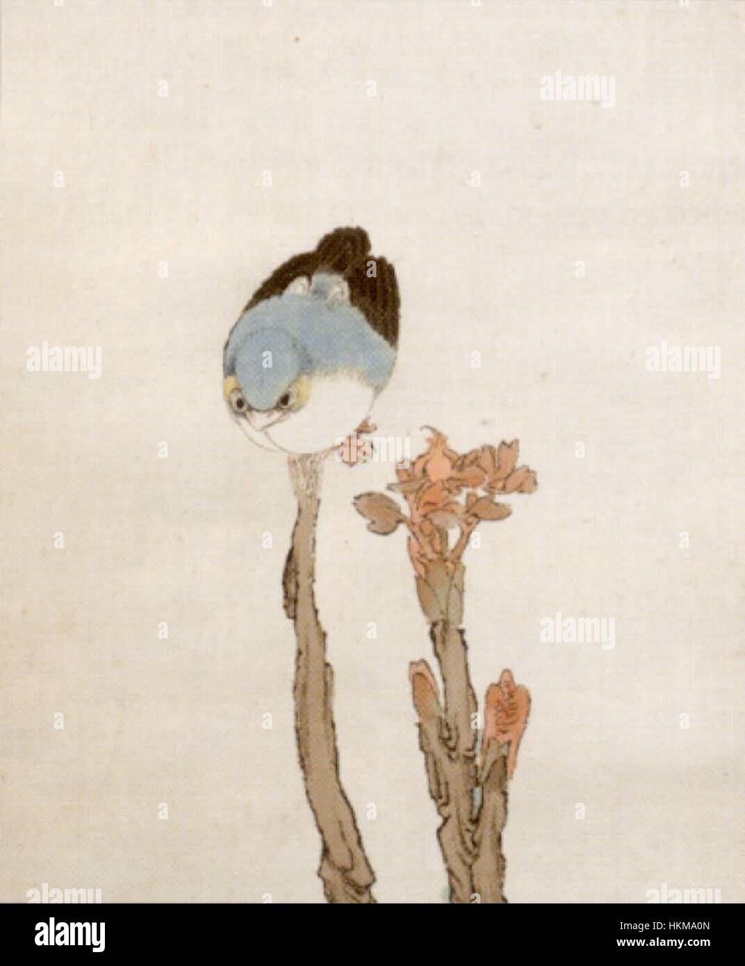 Dieser detaillierte Abschnitt von „Bird on Branch“ von Ren Yu aus dem Jahr 1870 zeigt den akribischen Umgang des Künstlers mit der Natur und der natürlichen Welt, insbesondere Vögeln und Flora im klassischen chinesischen Stil. Stockfoto