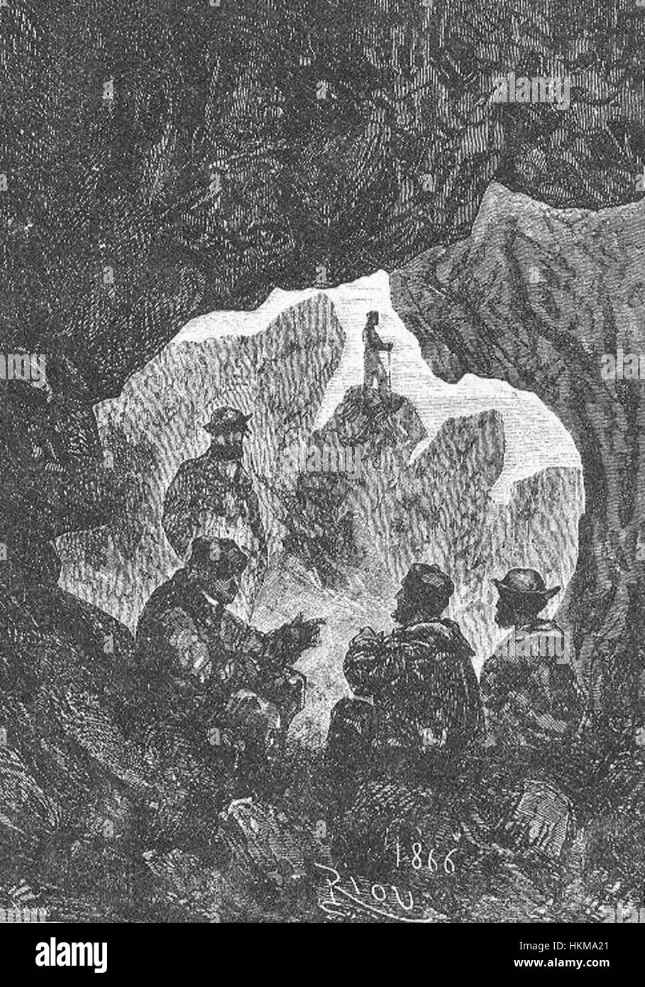 Ein Gemälde mit dem Titel *das Feld des Eises*, geschaffen von Riou und Montaut im späten 19. Jahrhundert. Das Kunstwerk zeigt eine dramatische Eisfeldeszene mit Schwerpunkt auf der rauen, kalten Umgebung und den Figuren darin. Stockfoto