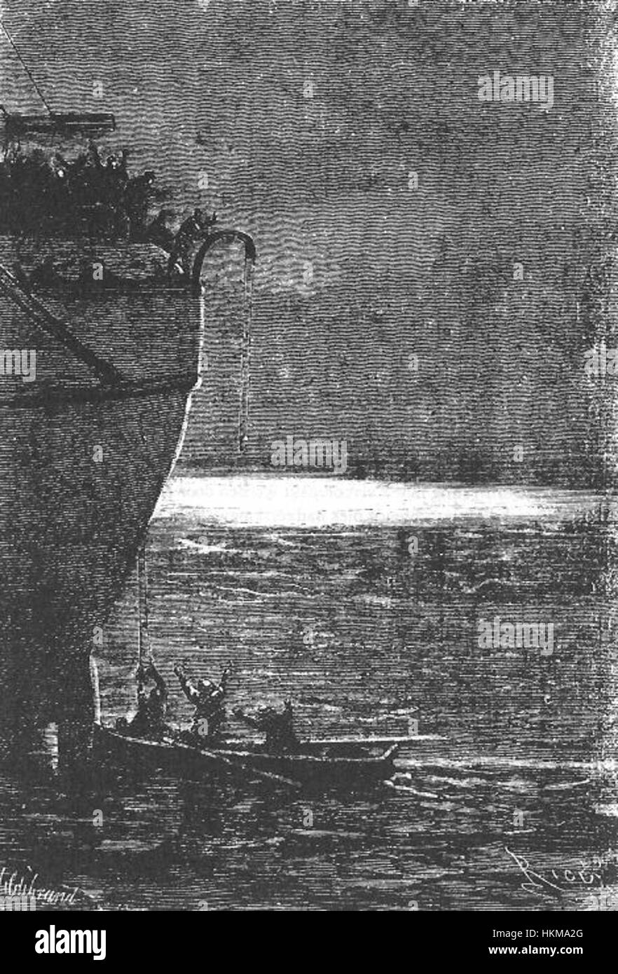 Eine Illustration aus „Zwanzigtausend Meilen unter dem Meer“, einem klassischen Roman von Jules Verne, geschaffen von den Künstlern Neuville und Riou, die eine Schlüsselszene aus der Geschichte darstellt. Stockfoto