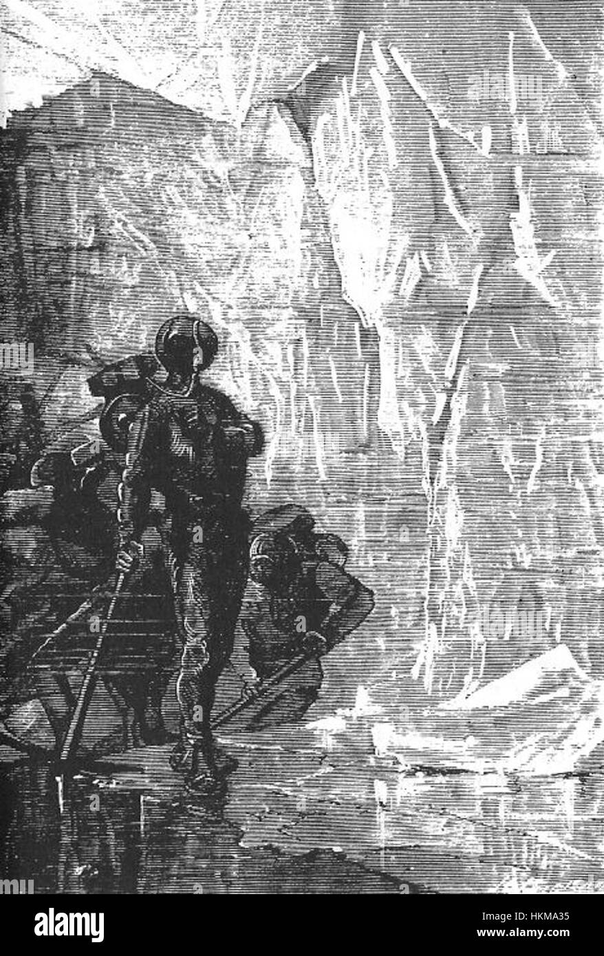 Diese Illustration aus „Twenty Thousand Leagues Unthe Sea“ von Neuville und Riou zeigt die Unterwasserabenteuer von Kapitän Nemo und fängt den Nervenkitzel und das Geheimnis von Jules Vernes klassischem Roman ein. Das Kunstwerk betont die wissenschaftliche Neugier und die Gefahren der Tiefsee. Stockfoto