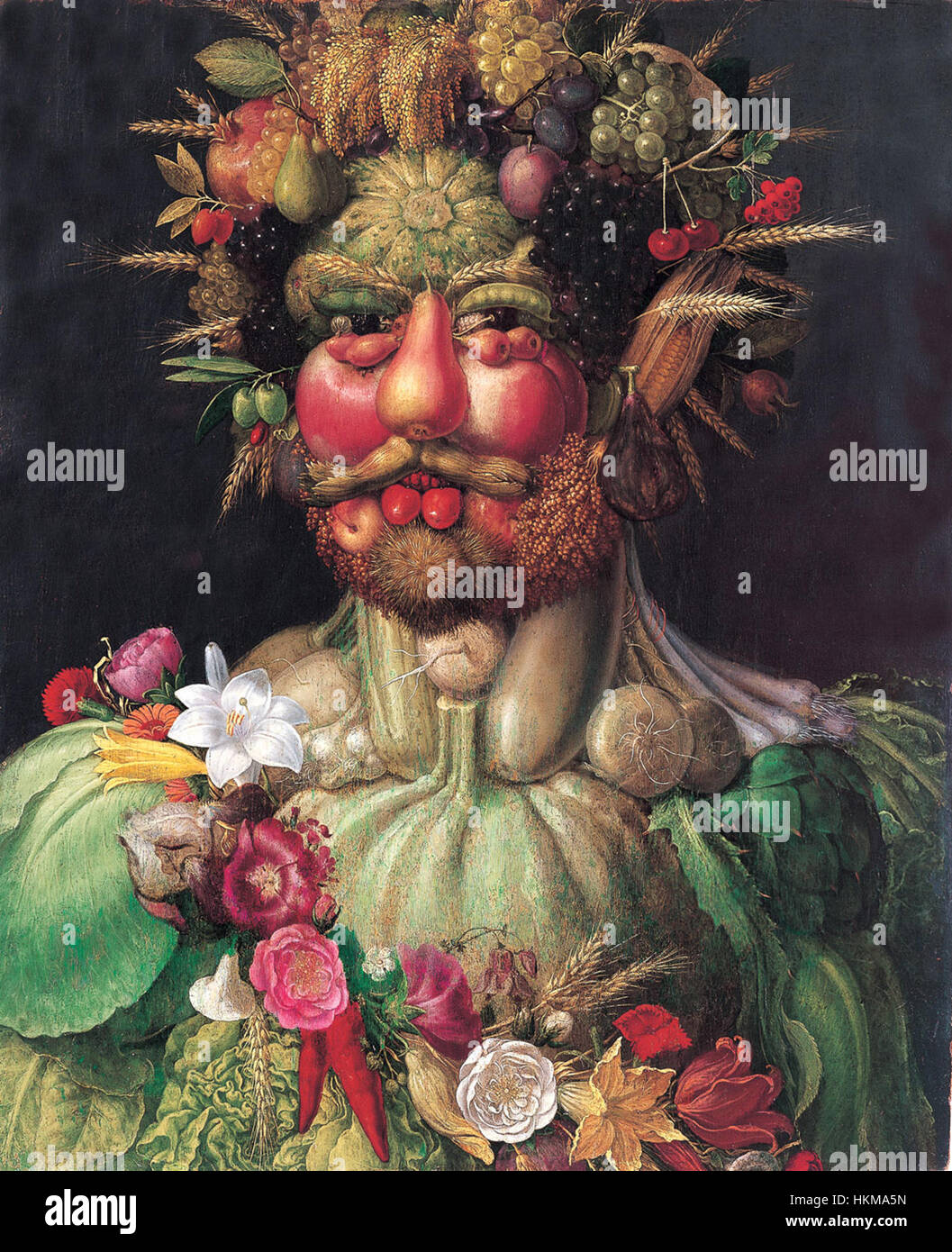 „Arcimboldovertemnus“ ist ein Werk, das vom italienischen Künstler Giuseppe Arcimboldo aus dem 16. Jahrhundert inspiriert wurde. Er ist bekannt dafür, fantasievolle Porträts mit Obst, Gemüse und anderen natürlichen Elementen zu kreieren. Das Stück spiegelt seinen einzigartigen Stil wider, die menschliche Form mit der Natur zu verbinden. Stockfoto