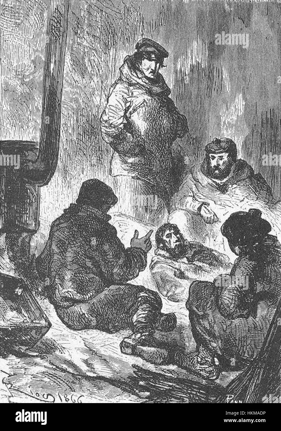 „The Field of Ice“ von Riou und Montaut ist ein dramatisches Gemälde, das die Schwierigkeiten der Erkundung in eisigen Umgebungen zeigt. Das Kunstwerk erfasst die Herausforderungen, denen Entdecker unter extremen Bedingungen gegenüberstehen. Stockfoto