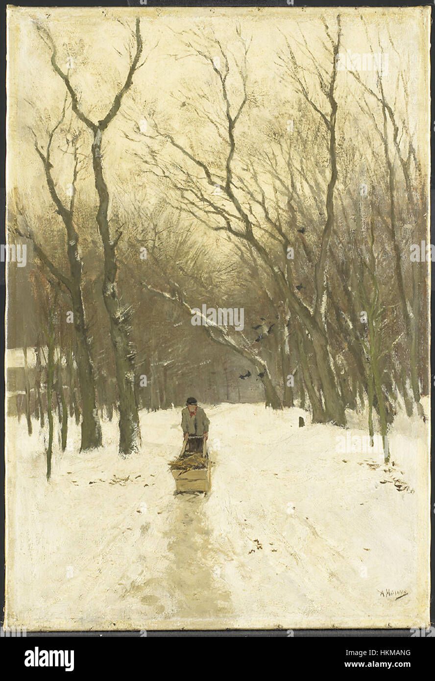 Dieses Gemälde aus dem 19. Jahrhundert von Anton Mauve zeigt eine ruhige Winterszene in den Scheveningse Bosjes und zeigt die ruhige Schönheit der schneebedeckten Bäume und Menschen in der niederländischen Landschaft. Die gedämpften Farben spiegeln die kalte, ruhige Atmosphäre der Wintersaison wider. Stockfoto