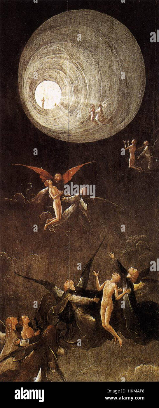 Dieses religiöse Gemälde, *Aufstieg des Seligen*, zeigt den Aufstieg gesegneter Individuen in den Himmel, ein Thema, das in der christlichen religiösen Kunst häufig dargestellt wird. Stockfoto