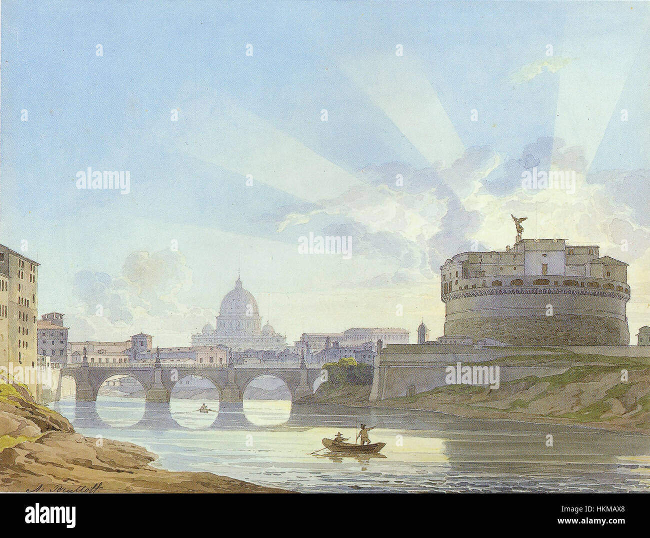 Das Castel Sant'Angelo in Rom von Alexander Brullov ist ein Gemälde, das die ikonische römische Festung darstellt. Das Kunstwerk betont die starken architektonischen Merkmale und die historische Bedeutung des Wahrzeichens. Stockfoto
