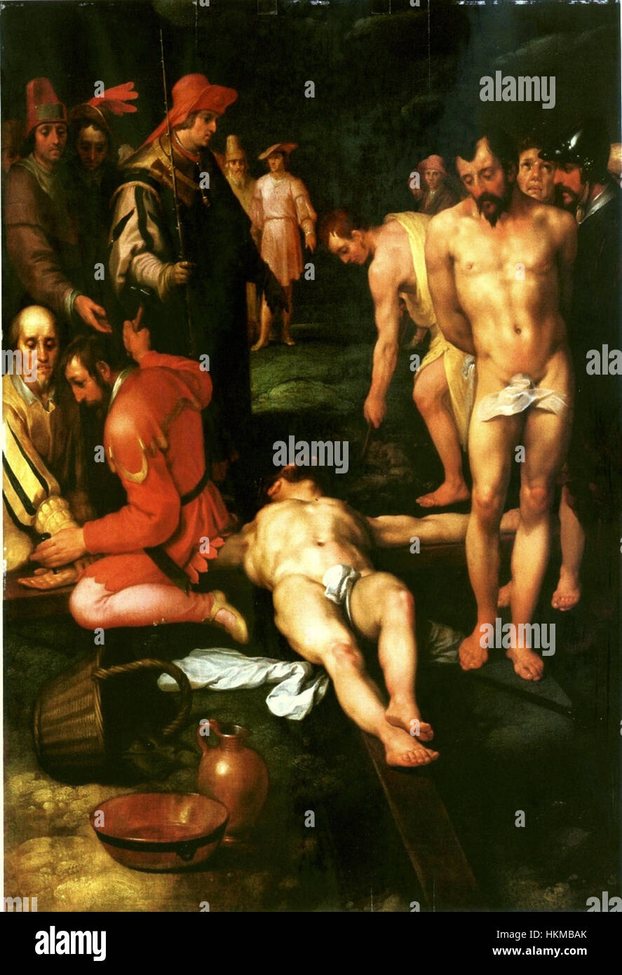 Das Gemälde „Haarlem Nailing to the Cross“ zeigt die Kreuzigung Christi und fokussiert auf den dramatischen Moment der Kreuznagelung. Das Kunstwerk spiegelt religiöse Themen und die emotionale Intensität der Veranstaltung wider. Stockfoto